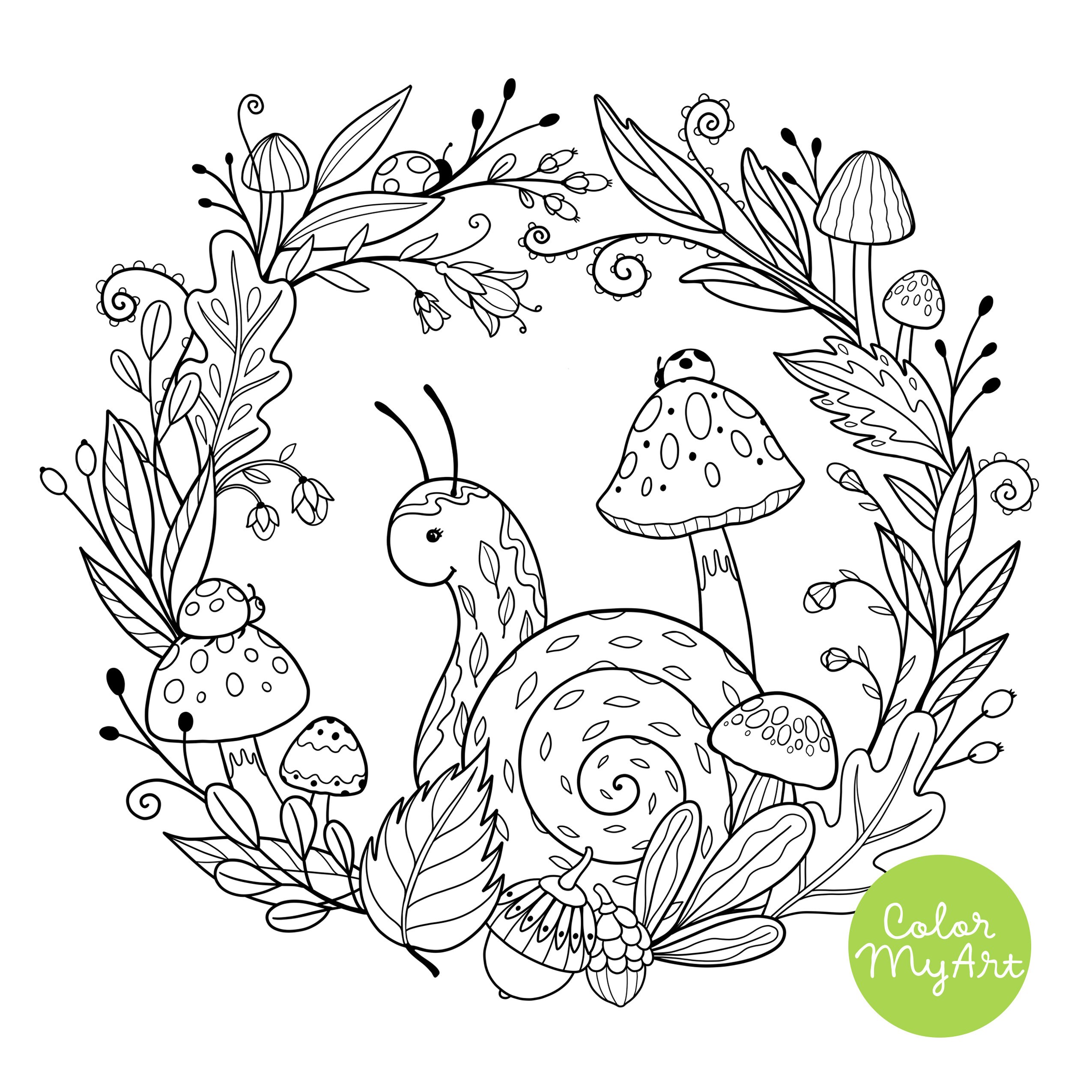 Fall Woodland Wreath Coloring Page Cute Snail Whimsical | Etsy