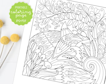 Fox Coloring Page, Cute Fox Coloring Sheet, Adult Coloring, Printable or Digital