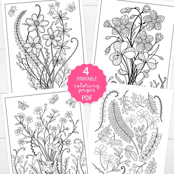 Wildflowers and Fern Coloring Page Set of 4, Printable Forest