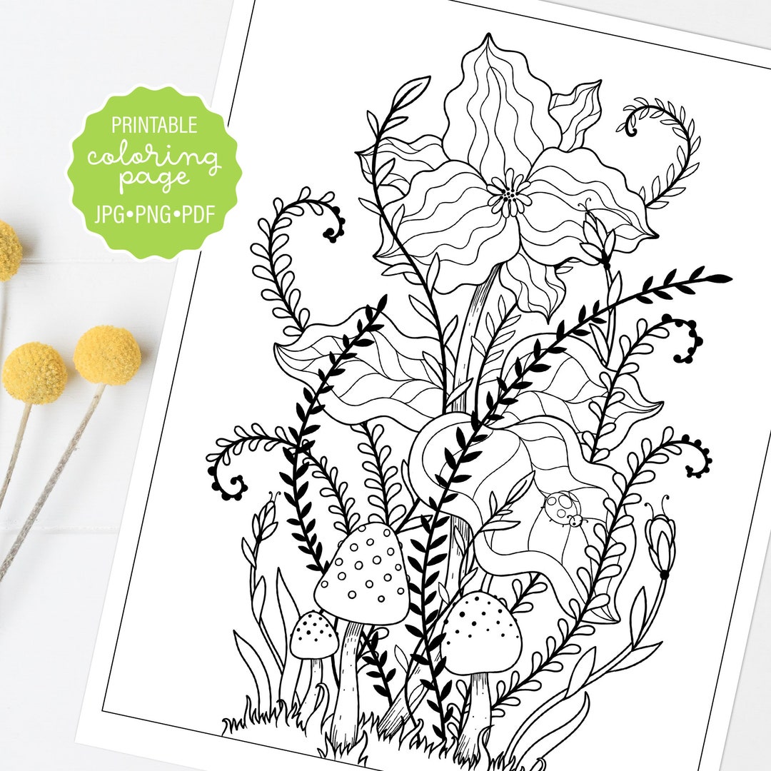 Wildflowers and Fern Coloring Page Set of 4, Printable Forest