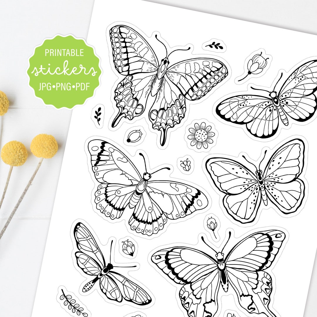 Butterfly Coloring Stickers, Decorative Butterfly Stickers, Printable ...