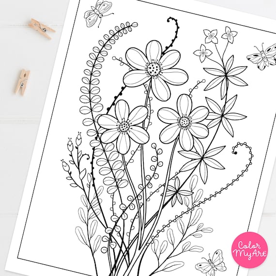 Wildflowers and Fern Coloring Page Set of 4, Printable Forest