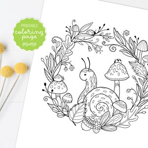 Fall Woodland Wreath Coloring Page, Cute Snail, Whimsical Ladybug and Mushroom Coloring Sheet, Adult Coloring, Printable or Digital