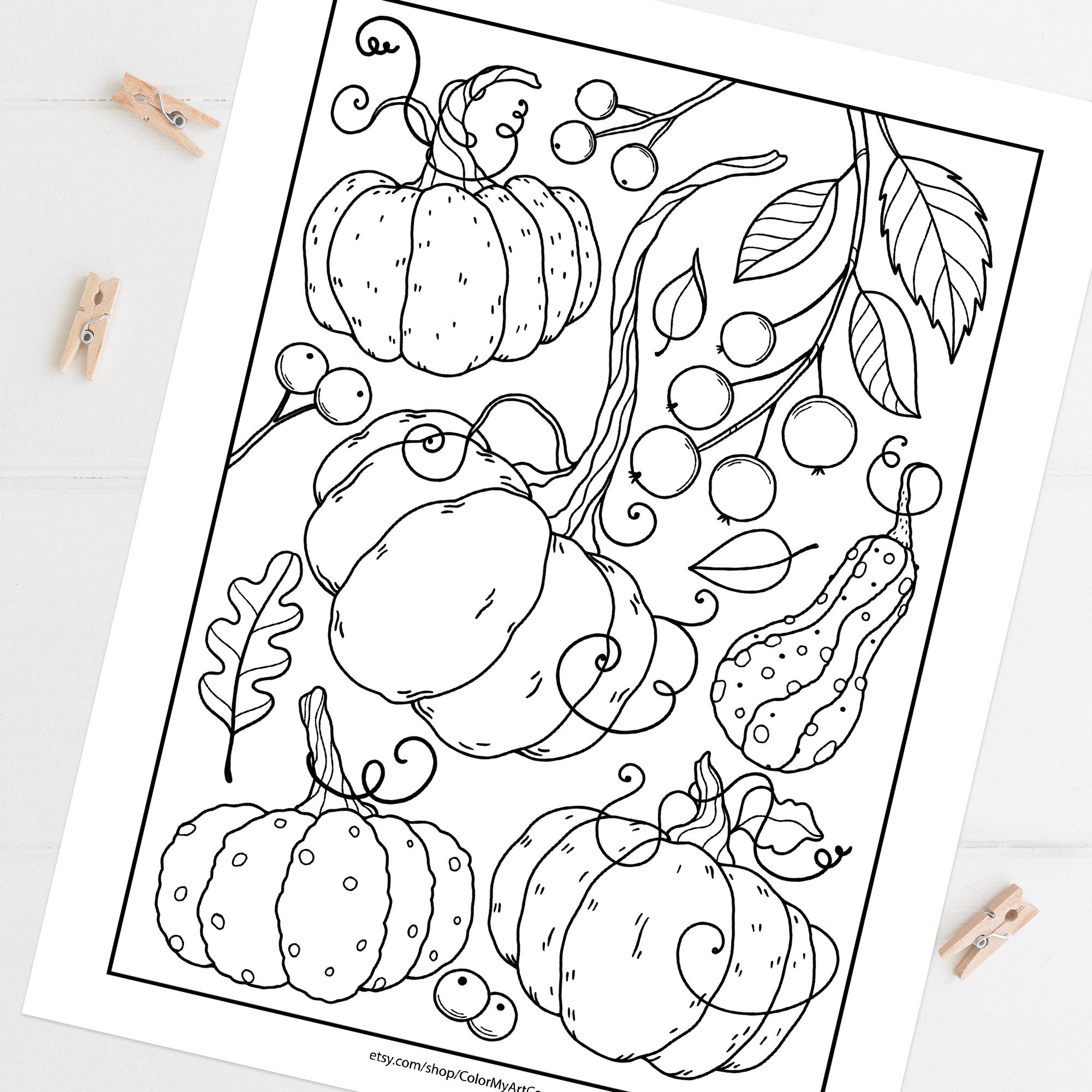 Cute Fall Pumpkins Mushrooms Leaves and Snails Coloring Page Etsy
