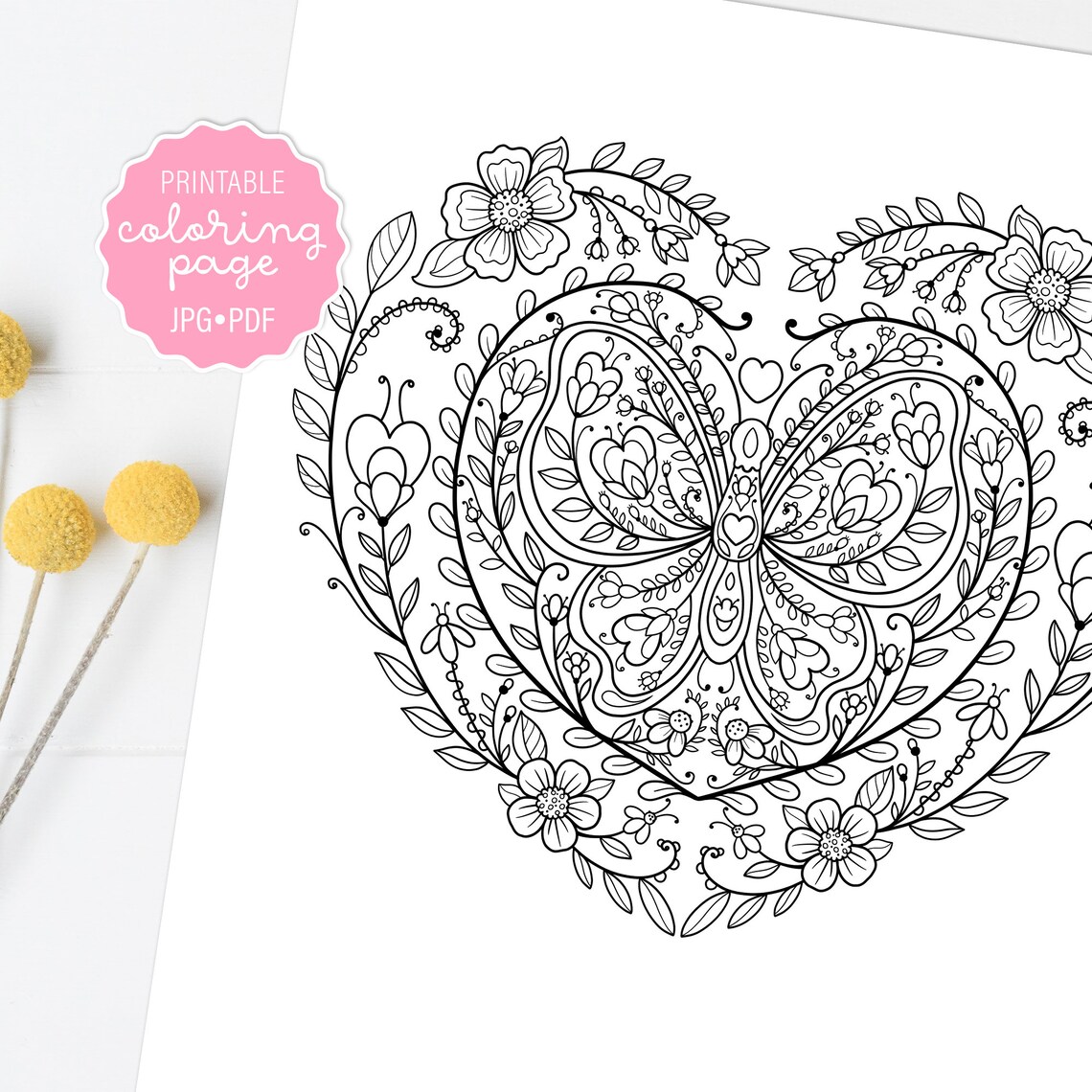 Valentine Butterfly Heart Adult Coloring Page Folk Art Floral | Etsy