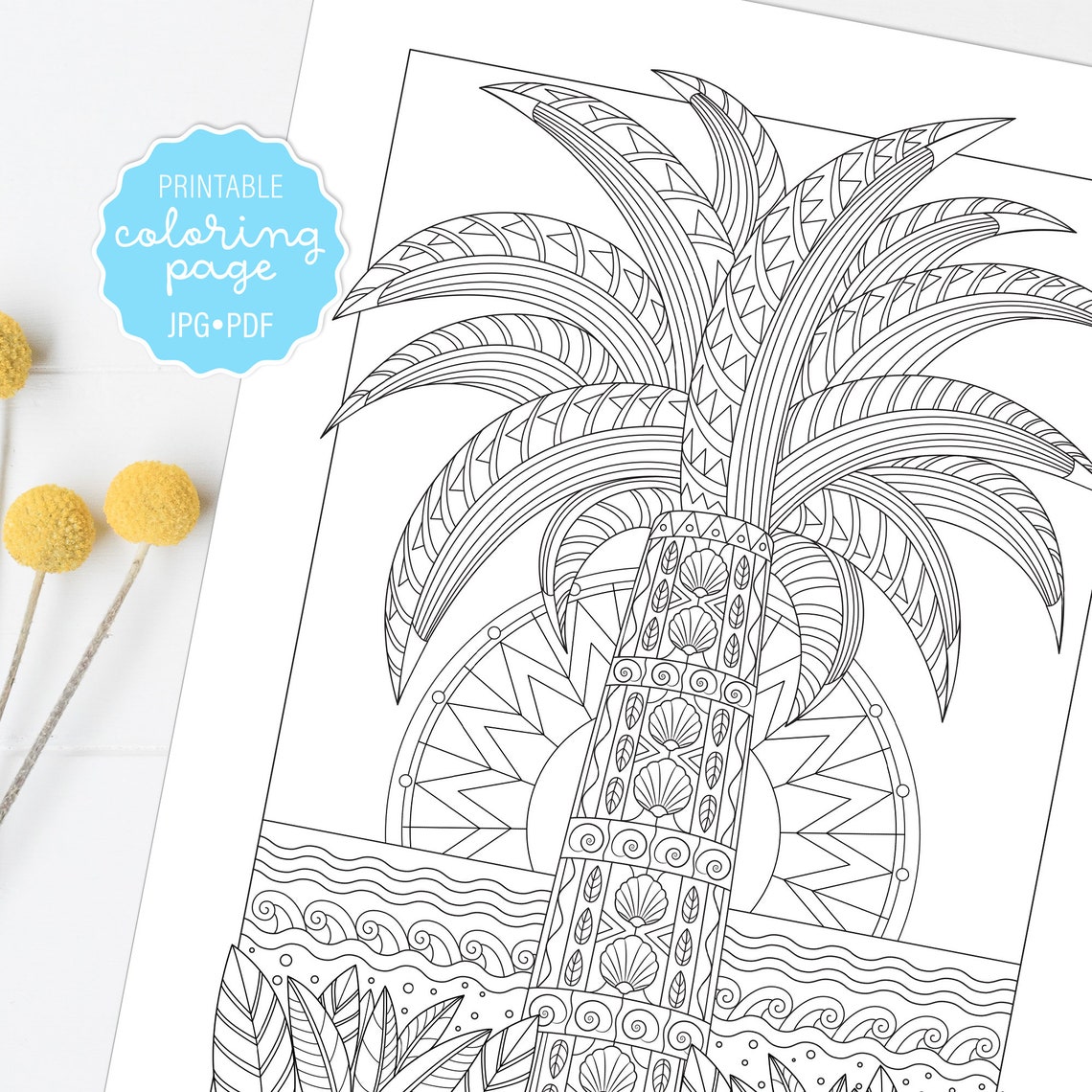 Tropical Palm Coloring Page, Palm Tree Adult Coloring Sheet, Printable