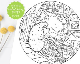 Cute Hedgehog Coloring Page, Forest Animal Whimsical Coloring Sheet, Adult Coloring, Printable or Digital