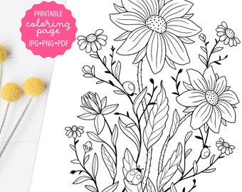 Wildflowers Coloring Page, Flowers and Ladybugs Botanical Coloring Sheet, Meadow Floral, Adult Coloring, Printable or Digital