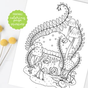 Cute Ladybug Mushroom Home Coloring Page, Whimsical Woodland Coloring Sheet, Adult Coloring, Printable or Digital, PNG, JPG, PDF