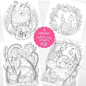 Cute Forest Snails, Ladybug, Hedgehog and Mushrooms Coloring Page Set of 4, Woodland Character Coloring Pages, Whimsical Adult Coloring