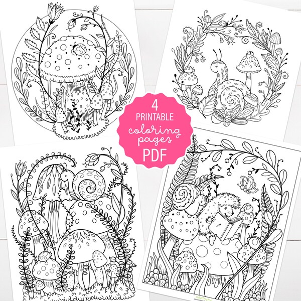 Cute Forest Snails, Ladybug, Hedgehog and Mushrooms Coloring Page Set of 4, Woodland Character Coloring Pages, Whimsical Adult Coloring