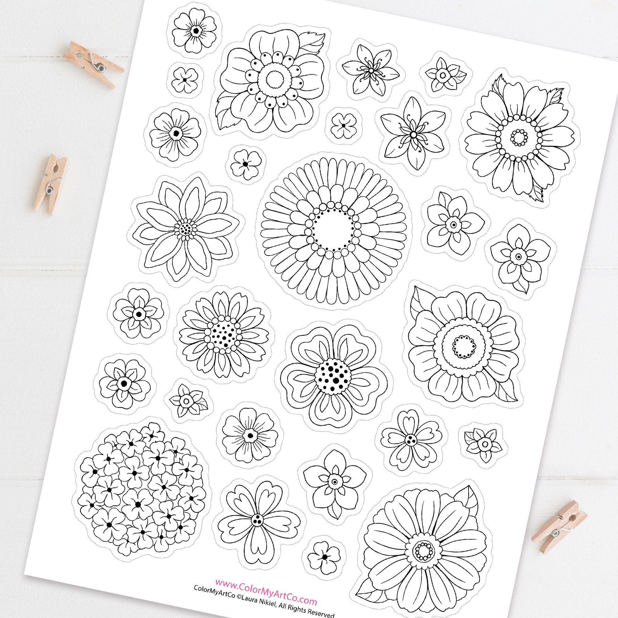 Sticker Coloruing Flower Coloring Printable Stickers Floral Decorative - Etsy