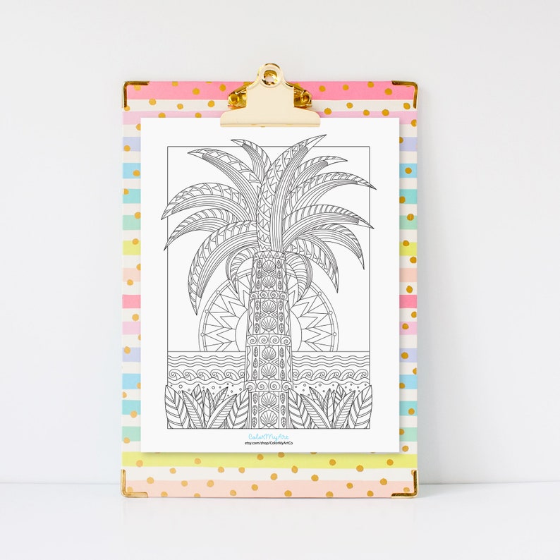 Tropical Palm Coloring Page, Palm Tree Adult Coloring Sheet, Printable