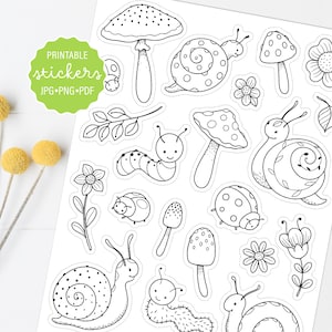 Niedliche Insekten, Schnecken und Blumen zum Ausmalen druckbare Aufkleber, niedliche dekorative Aufkleber, drucken, färben und schneiden Aufkleberbogen, digitaler Download
