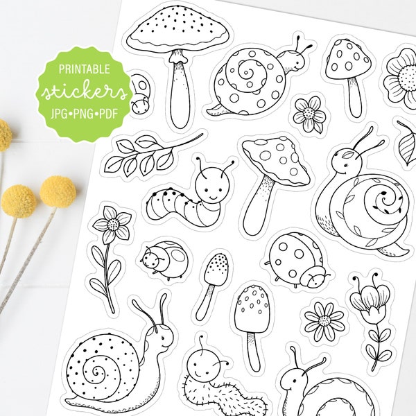 Cute Bugs, Snails and Flowers Coloring Printable Stickers, Cute Decorative Stickers, Print, Color and Cut Sticker Sheet, Digital Download