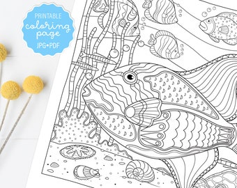 Tropical Under the Sea Coloring Page, Tropical Fish and Coral Adult Coloring Sheet, Triggerfish. Printable or Digital