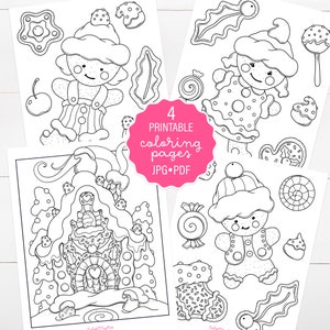 Linda casa de pan de jengibre navideña y galletas para colorear, juego de 4 páginas para colorear navideñas para adultos y niños