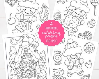 Cute Christmas Gingerbread House and Cookies Coloring Page Set of 4, Adult and Child Holiday Coloring Pages