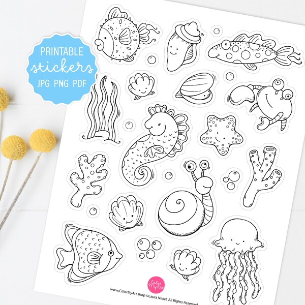 Cute Sea Animals Coloring Printable Stickers, Cute Sea Critters Decorative Stickers, Print, Color and Cut Sticker Sheet, Digital Download