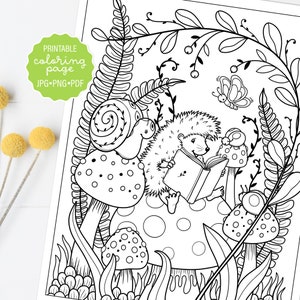 Cute Hedgehog, Snail, Ladybug and Mushroom Coloring Page, Whimsical Woodland Coloring Sheet, Adult Coloring, Printable or Digital