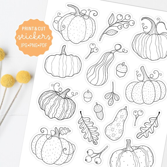 Fall Coloring Printable Stickers, Pumpkin Decorative Stickers, Autumn Planner Stickers, Print, Color and Cut Sticker Sheet, Digital Download