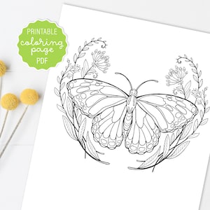Butterfly Coloring Page, Monarch Butterfly Coloring Sheet, Butterfly with Flowers, Adult Coloring, Printable PDF Coloring Page