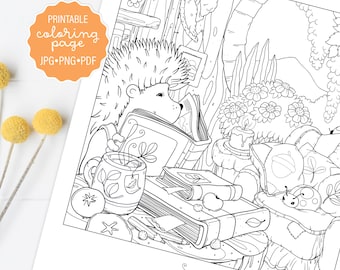 May include: A black and white line drawing of a hedgehog reading a book in a cosy forest setting. The hedgehog is sitting on a stack of books with a cup of tea nearby. There are flowers, a candle, and a ladybug in the background.