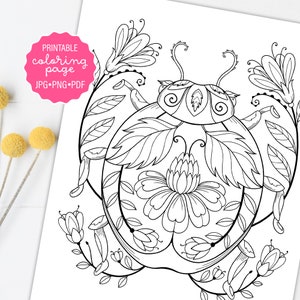 Beetle Coloring Page, Cute Insect Coloring Sheet, Bug with Flowers, Whimsical Beetle, Folk Art Bug, Adult Coloring, Printable Coloring Sheet