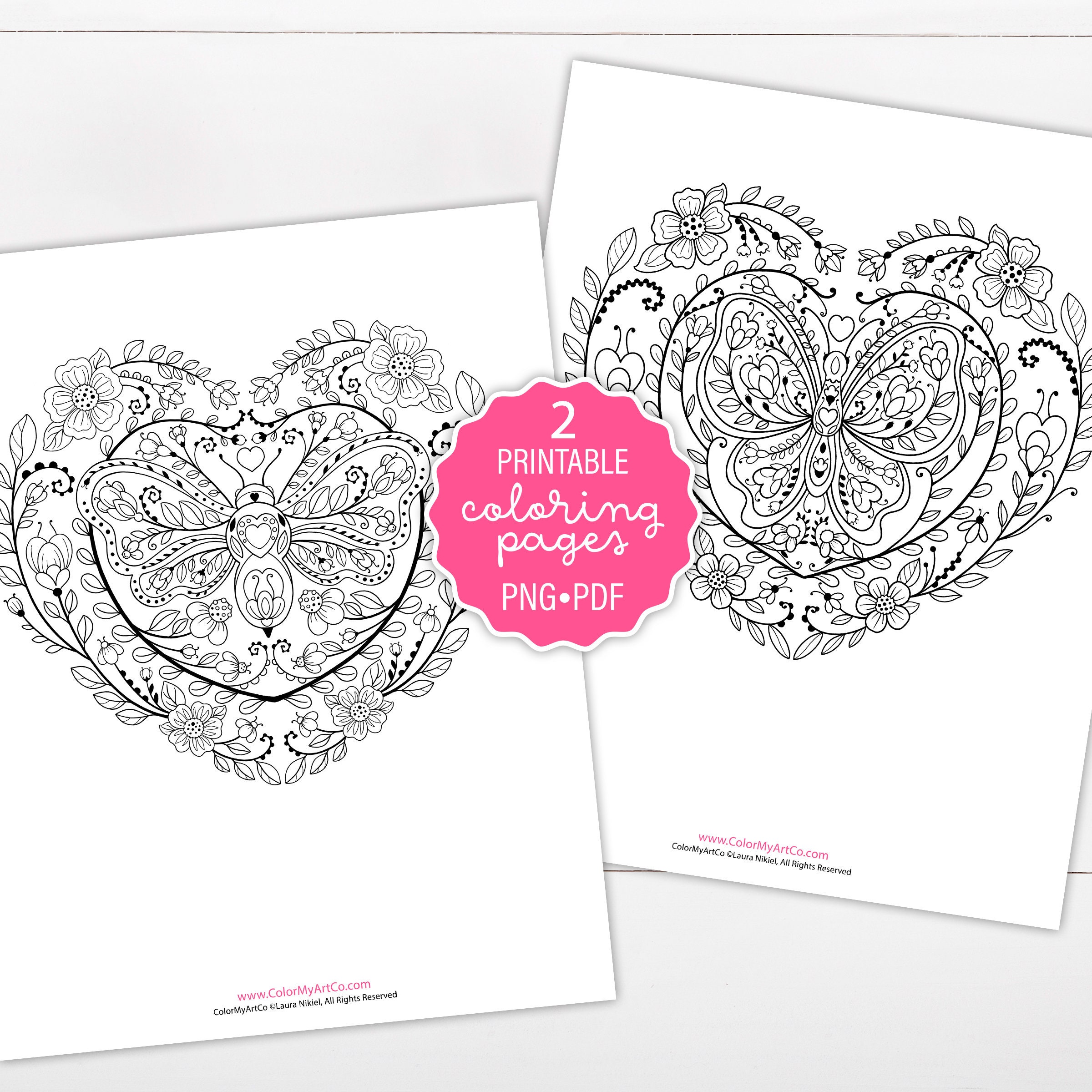 Bee and Butterfly Coloring Pages, Folk Art Heart Coloring Sheets, Set ...
