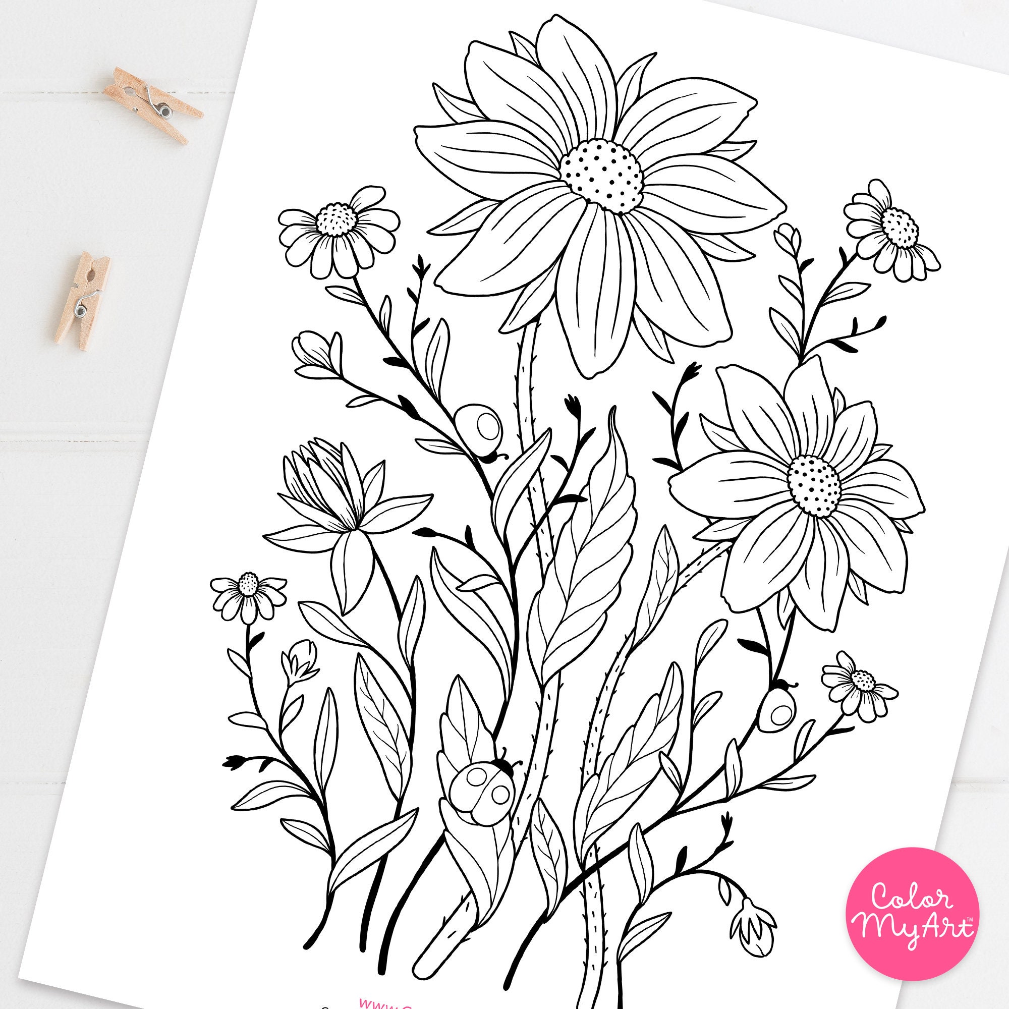 Wildflowers Coloring Page, Flowers and Ladybugs Botanical Coloring ...
