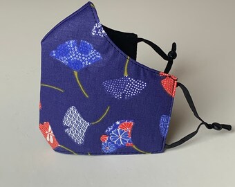 Blue ginkgo Japanese textile face cover mask handmade in 4 layers of fabrics
