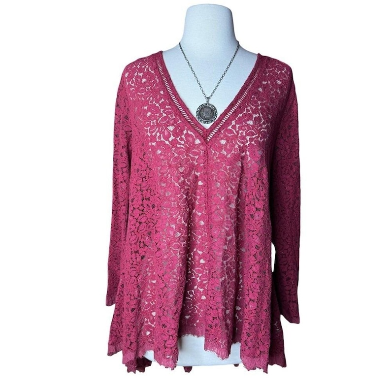 Free People Wine Burgundry Lace VNeck Lace Tunic Sm Oversized Boho Whimsigoth image 1