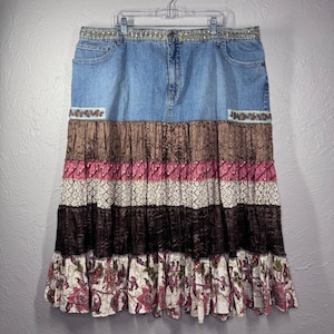 Vintage y2k Plus size 26 (44" waist) Tiered Denim Patchwork Beaded Fairy Skirt