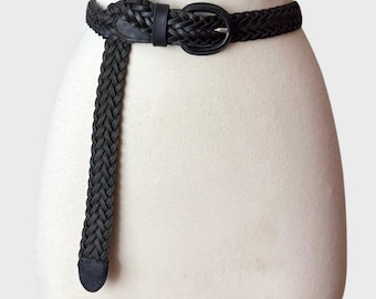 Vtg 90's minimalism Preppy Distressed Black Leather Braided Belt 32"