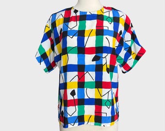 Vintage 80's Women's Med Short Sleeve Abstract Geometric Art to Wear Top