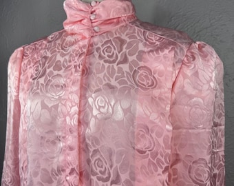 Vintage 80's Women's Large Pink Satin ruched neck long sleeve button blouse