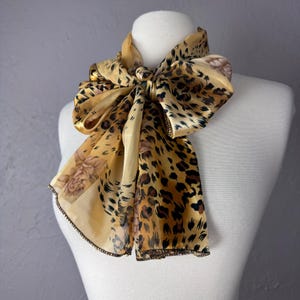Vtg 90s Leopard print scarf neck bow scarf long scarf corporate goth softgoth