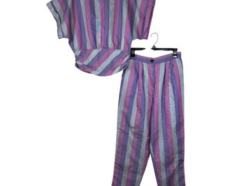 Vintage 80's Women's Small 2 piece pink purple stripe cotton blend top and pants