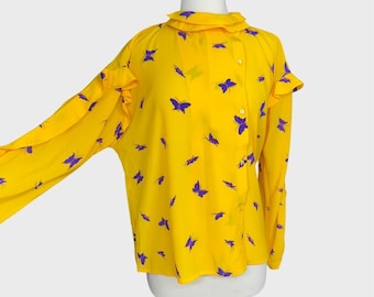 Vintage Medium Yellow Long Sleeve Ruffle Blouse Butterflies Images Krizia Italy