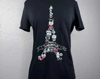 Camiseta negra pequeña para mujer Y2K con estampado gráfico de Karl Lagerfeld y la Torre Eiffel de París