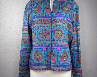 Blazer vintage de los 90 de seda Adrianna Papell, talla grande, estampado geométrico multicolor vibrante.