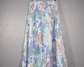 Vintage 80's Women's Small 26" Pastel Stripe Floral Cotton Skirt made in Cali