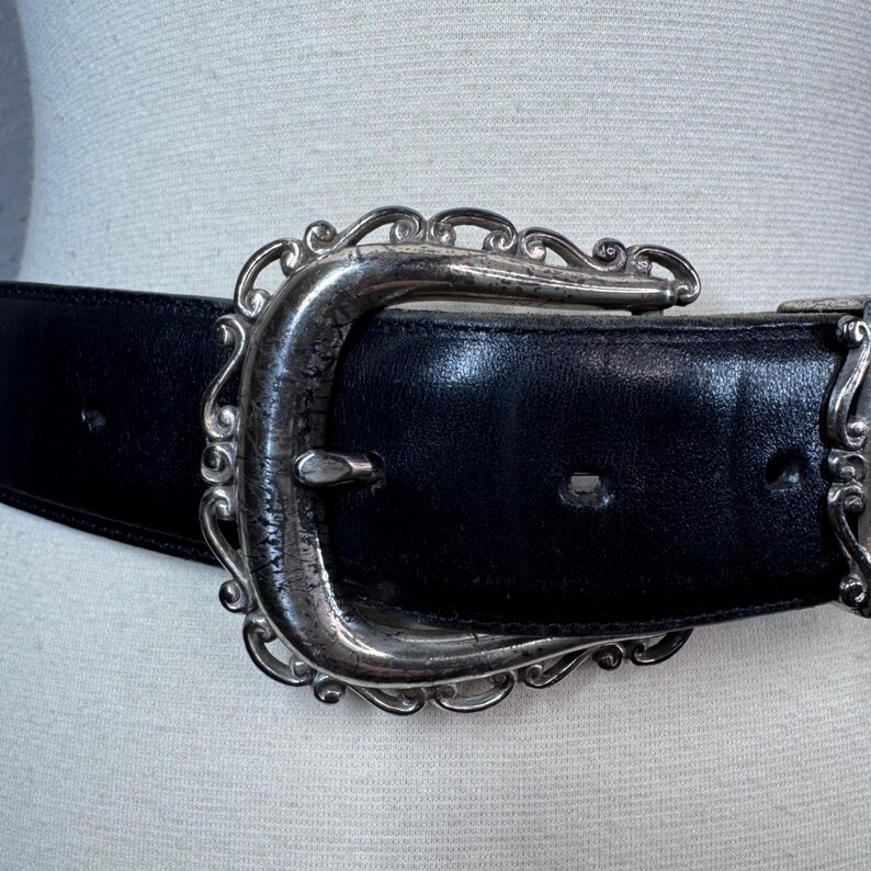 Vintage 1994 small Brighton, silver and black leather belt Goth Western Boho image 3
