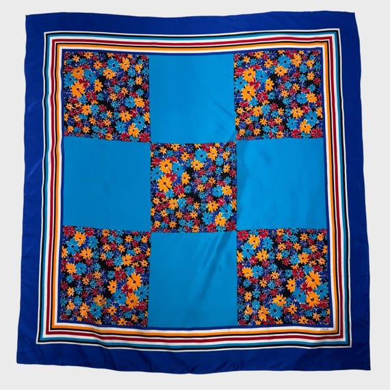 Vintage 80's Silk Scarf Blue Floral Casca For Magid Folk Art Modern View 2