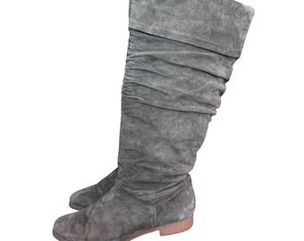 Vtg y2k Sz 8.5 Flat Sage Moss Forest Core Suede Leather Slouch Flat Boots Boho