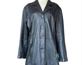 Vintage 90's women's minimalist Black Soft Leather Coat XL simple sleek
