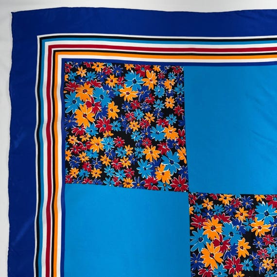 Vintage 80's Silk Scarf Blue Floral Casca For Magid Folk Art Modern View 6