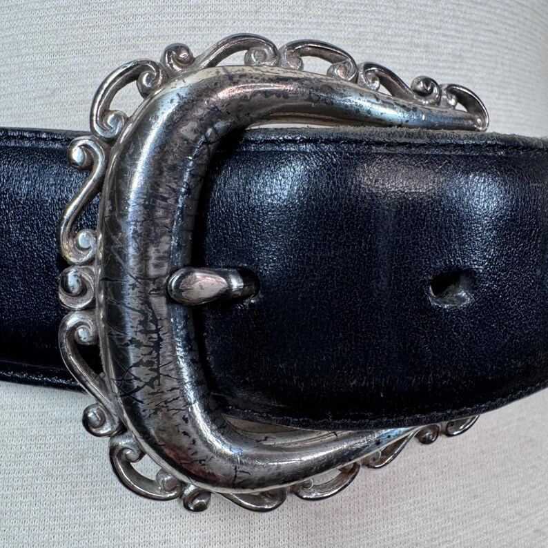 Vintage 1994 small Brighton, silver and black leather belt Goth Western Boho image 2