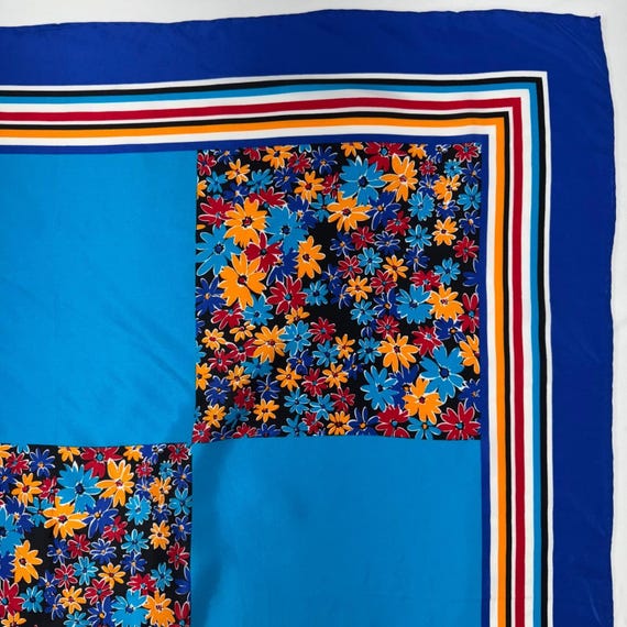 Vintage 80's Silk Scarf Blue Floral Casca For Magid Folk Art Modern View 5