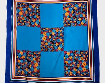 Vintage 80s Designer Silk Scarf Blue Floral Casca For Magid Folk Art Modern